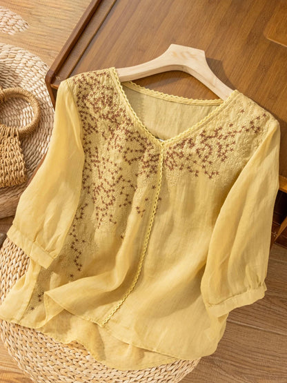 Embroidered V Neck 3/4 Sleeve Linen Top