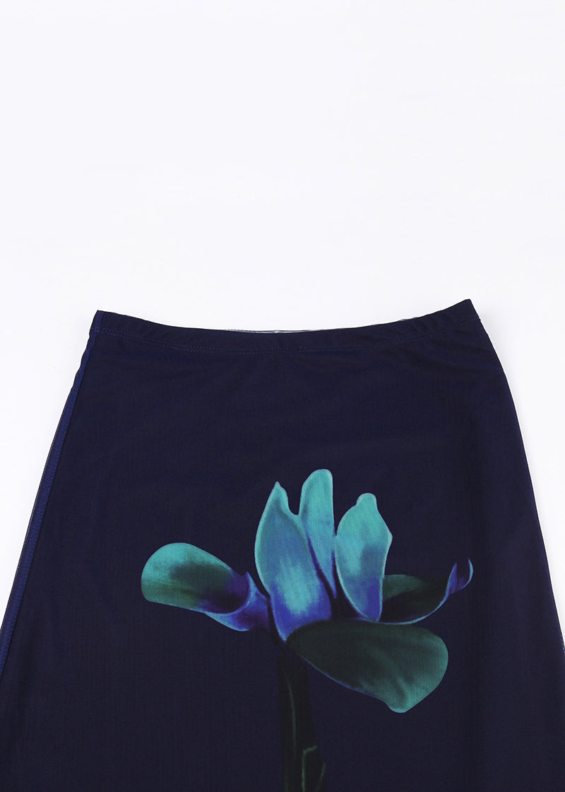 Navy Print High Waist Patchwork Tulle Skirts Summer