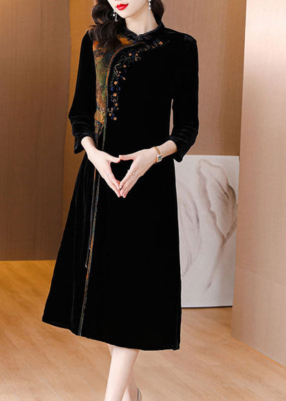 Black Print Embroidered Tassel Silk Velour Maxi Dresses Fall