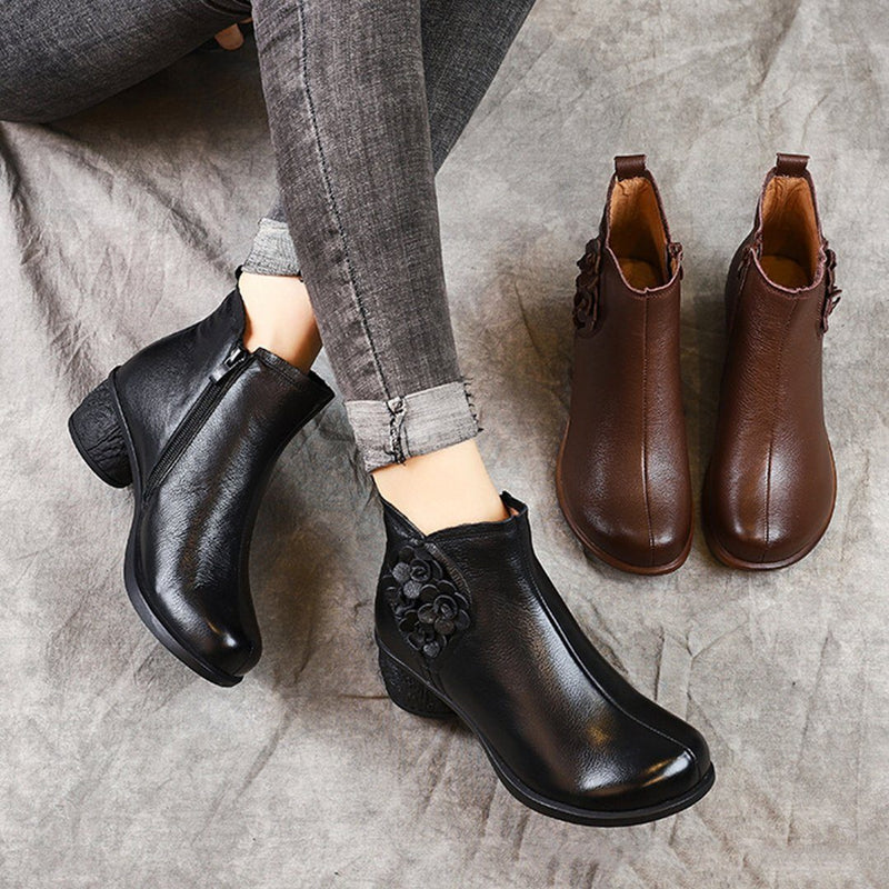 Flowers Appliqued Chunky Heels Leather Boots