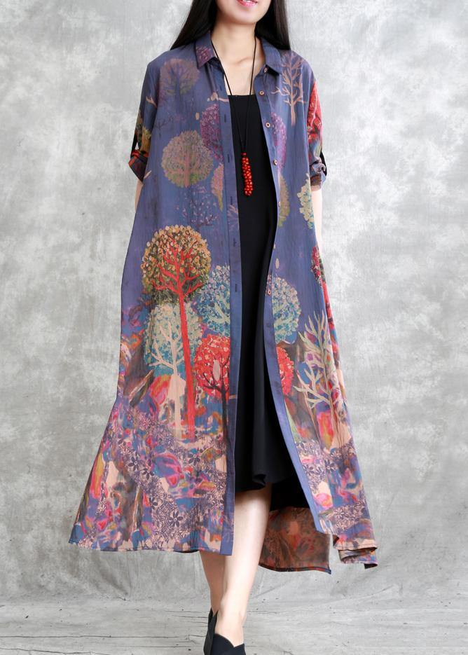 Loose Lapel Long Sleeve Fine Outfitpurple Print Knee Cardigan