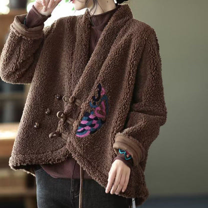 Embroidered V-neck Sherpa Wool Jacket