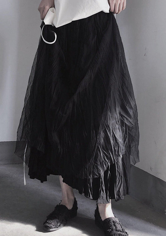 Black Pleated Double Layer Design With Elastic Waist Skirt on Both Sides
