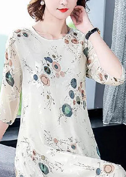 Loose White O-neck Print Silk Holiday Dress Half Sleeve
