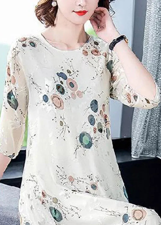Loose White O-neck Print Silk Holiday Dress Half Sleeve