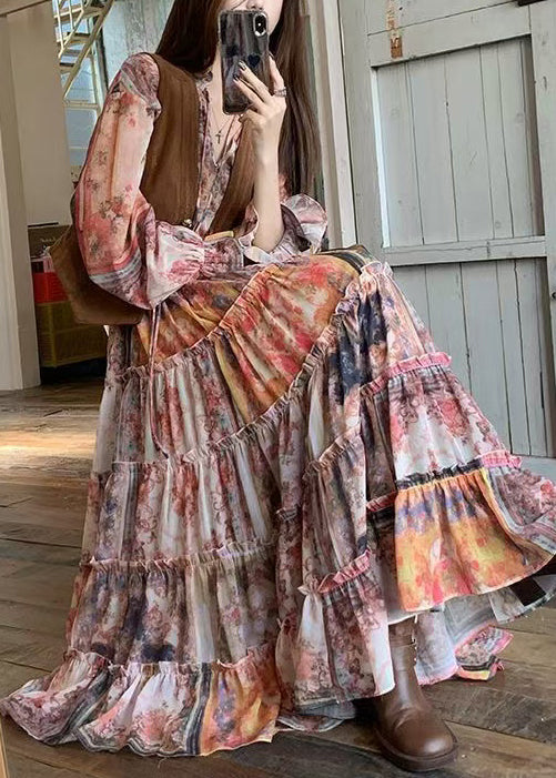 Brown Faux Suede Waistcoat and Ruffled Dress Two-piece Set Spring