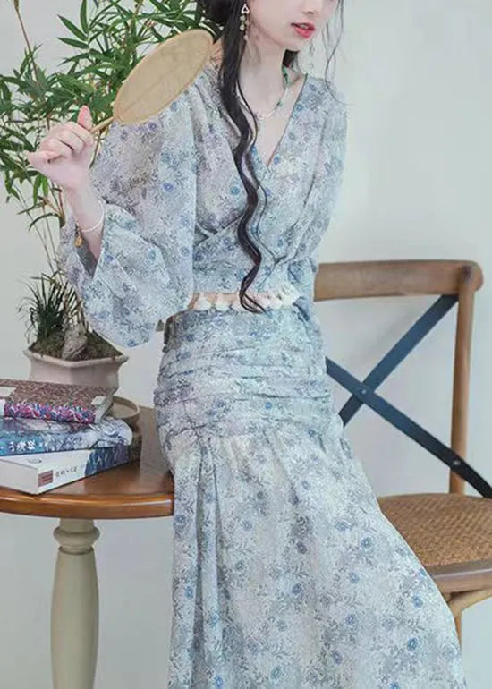 Blue V Neck Print Top and Skirts Two-piece Set Fall