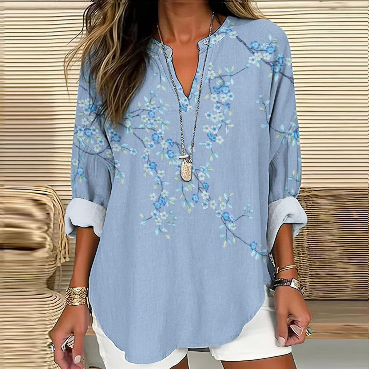 Comstylish Floral Print V-Neck Loose Blouse