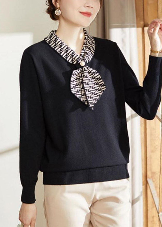 Black Bow Collar Print Knit Blouses Long Sleeve