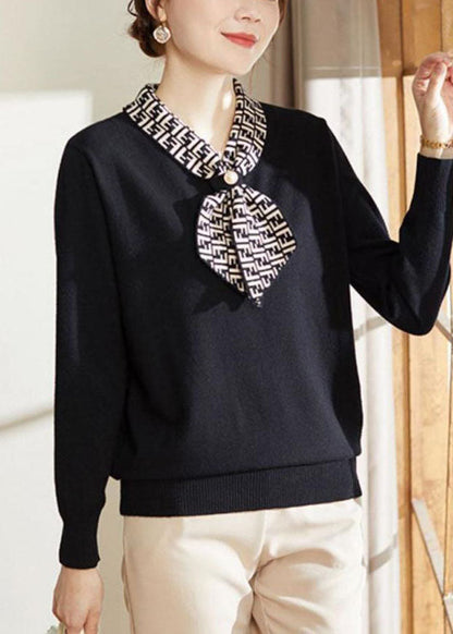 Black Bow Collar Print Knit Blouses Long Sleeve