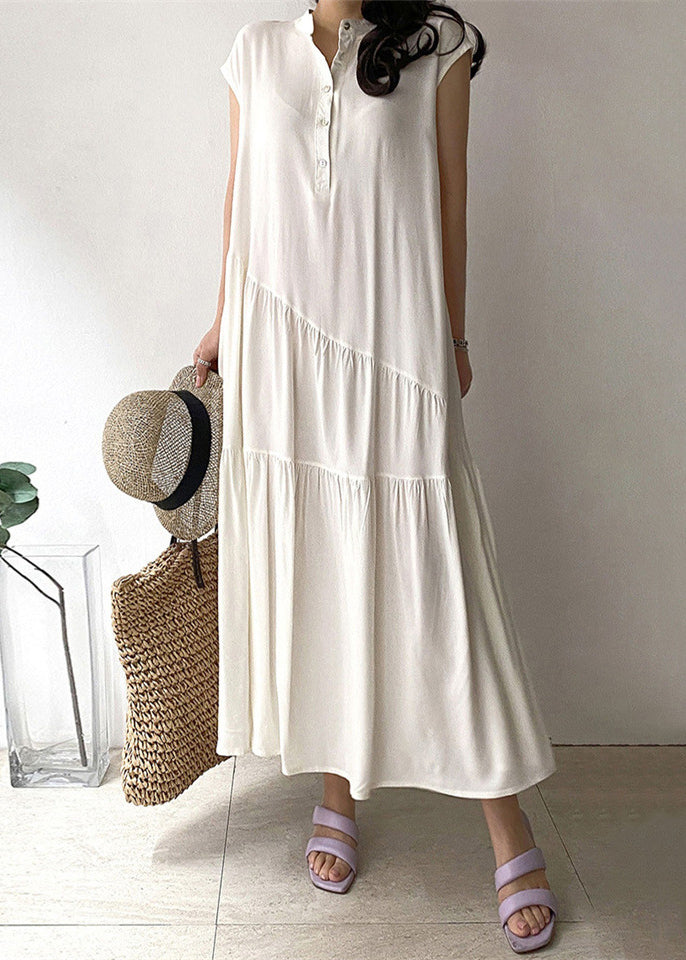 Khaki Wrinkled Button Pockets Cotton Long Dress Summer