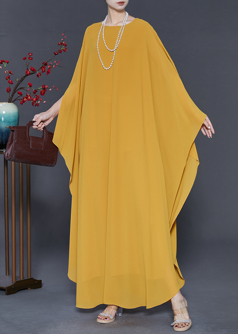 Yellow Oversized Chiffon Party Dress Batwing Sleeve