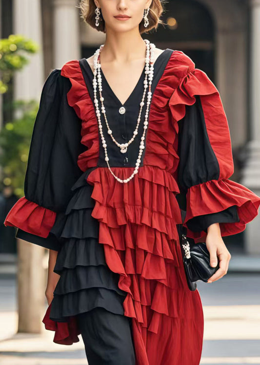 Colorblock Asymmetrical Patchwork Ruffles Party Dress Flare Sleeve
