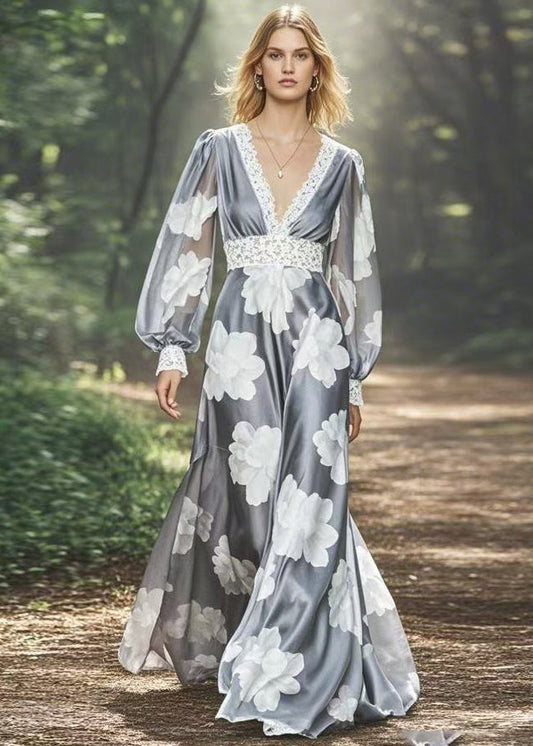 Grey V Neck Print Patchwork Silk Long Dresses Spring