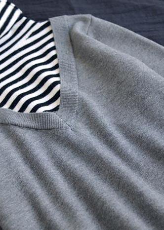 Pullover Light Gray Sweater Tops Patchwork High Neck Knit Sweat Tops