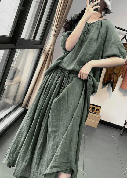 Green O-neck Top and a Line Skirts Two Pieces Set Summer