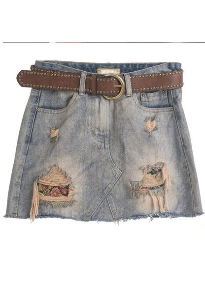 Grey High Waist Tassel Pockets Cotton Denim Ripped Skirts Cozy