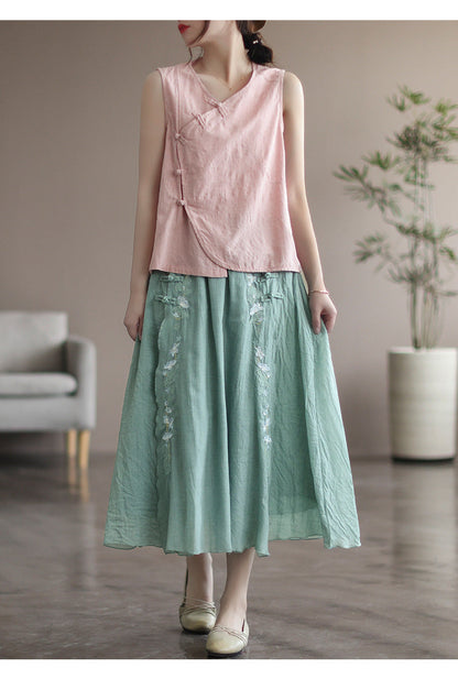 Double Cotton Linen Embroidered Buckle A-line Skirt