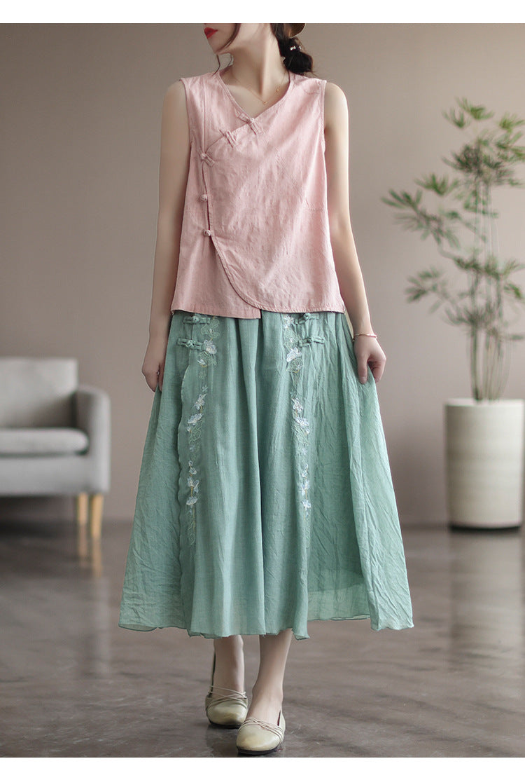 Double Cotton Linen Embroidered Buckle A-line Skirt