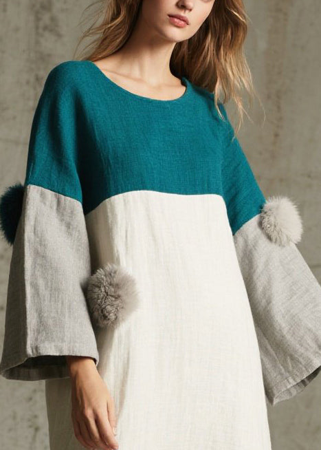 Colorblock Oversized Patchwork Fuzzy Ball Decorated Maxi Dress Fall