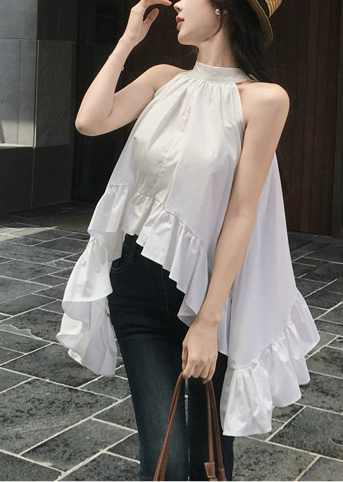 White Ruffled Exra Large Hem Cotton Shirt Sleeveless