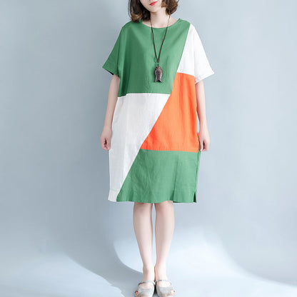 Fine Green Midi Linen Dresses Clothing Shirt Dress O Neck Patchwork Linen Dresses
