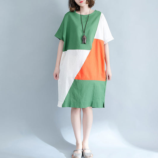 Fine Green Midi Linen Dresses Clothing Shirt Dress O Neck Patchwork Linen Dresses