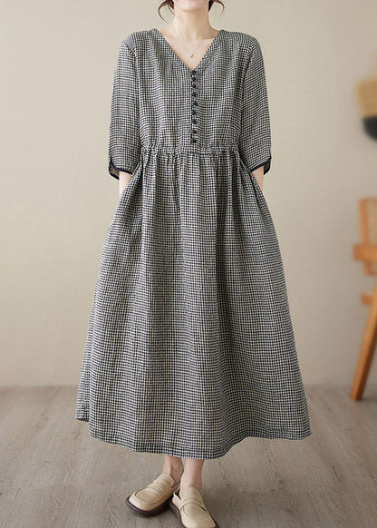 V Neck Plaid Patchwork Button Linen Maxi Dresses Summer