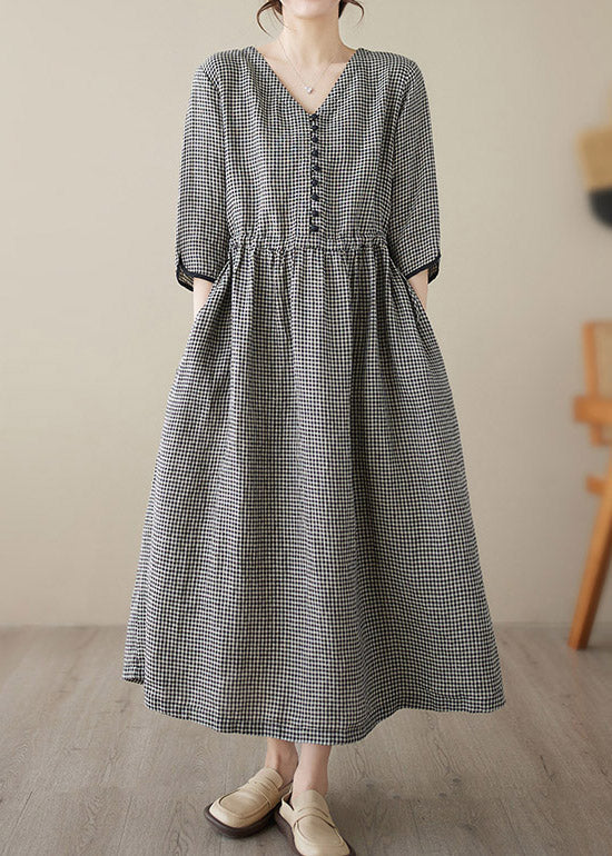 V Neck Plaid Patchwork Button Linen Maxi Dresses Summer