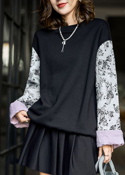 Black Oversized Patchwork Print Cotton Loose Sweatshirts Top Winter