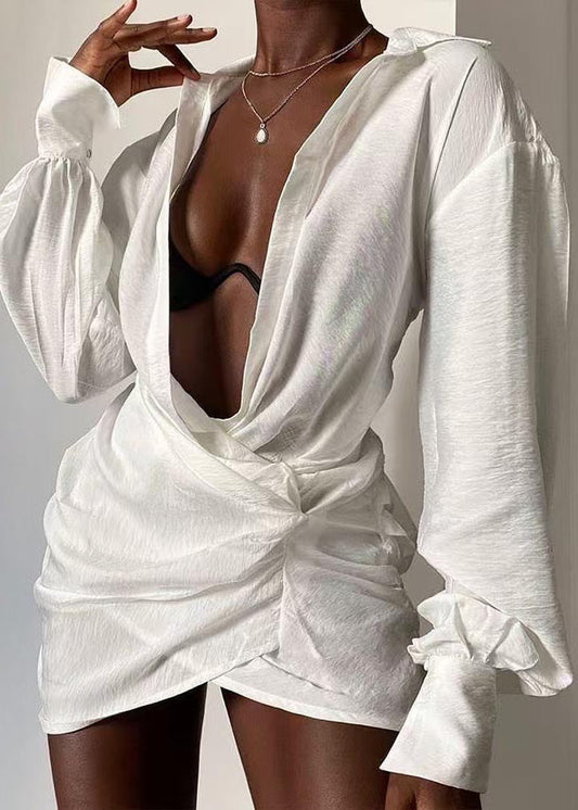 Modern White V Neck Patchwork Cotton Shirt Mini Dress Summer