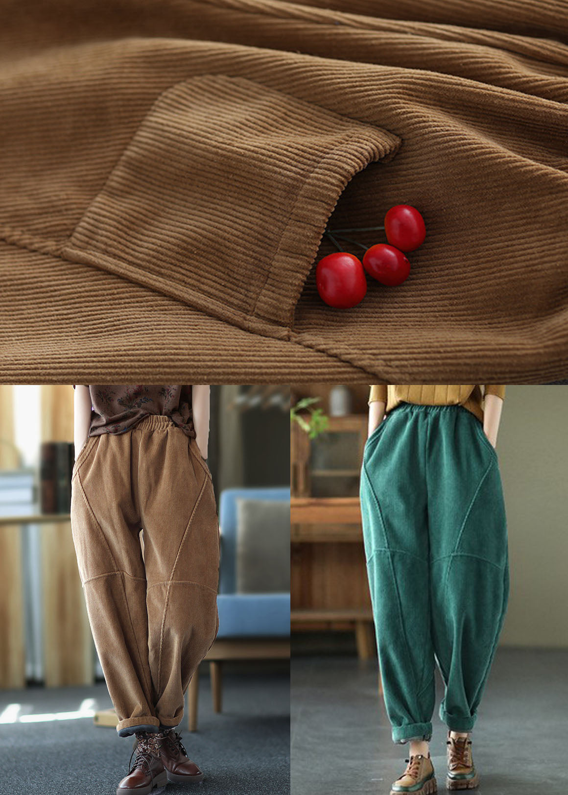 Brown Patchwork Thick Corduroy Pants Elastic Waist Winter