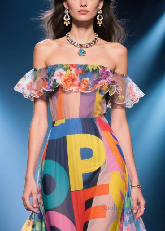 Print Cold Shoulder Chiffon Holiday Dress Summer
