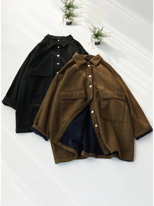 Loose Plaid Print Single Breasted Coat