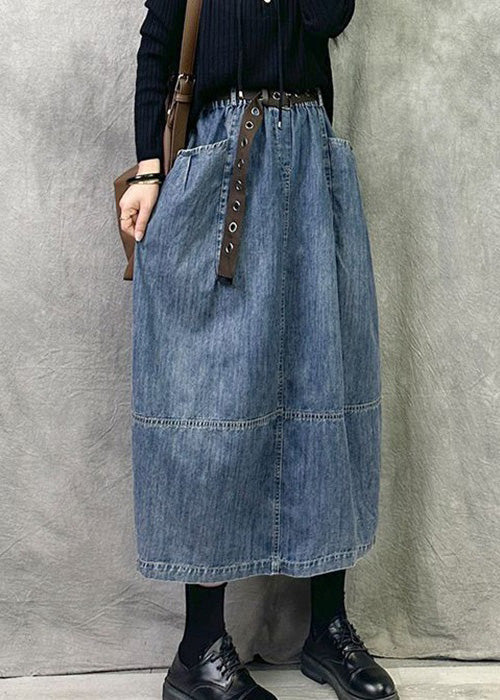 Blue Elastic Waist Patchwork Denim a Line Skirts Pockets