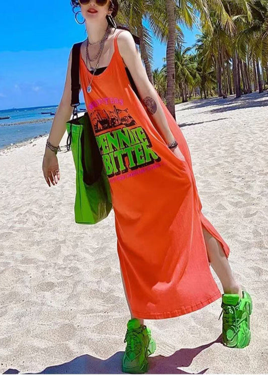 Orange Oversized Print Cotton Vacation Sundresses Summer