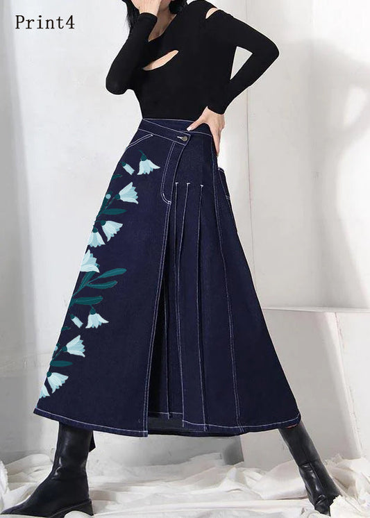 Denim Blue-print4 Zippered Asymmetrical Design Summer Skirt