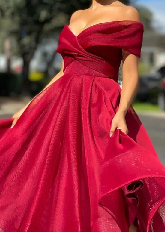 Style Red Cold Shoulder Patchwork Tulle Long Dresses Summer