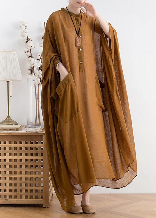 Natural Yellow Chiffon Robes Shape Stand Collar Batwing Sleeve Dress
