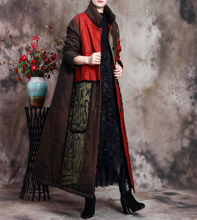 Boutique Red Print Pockets Thick Cotton Winter Long Sleeve Coat