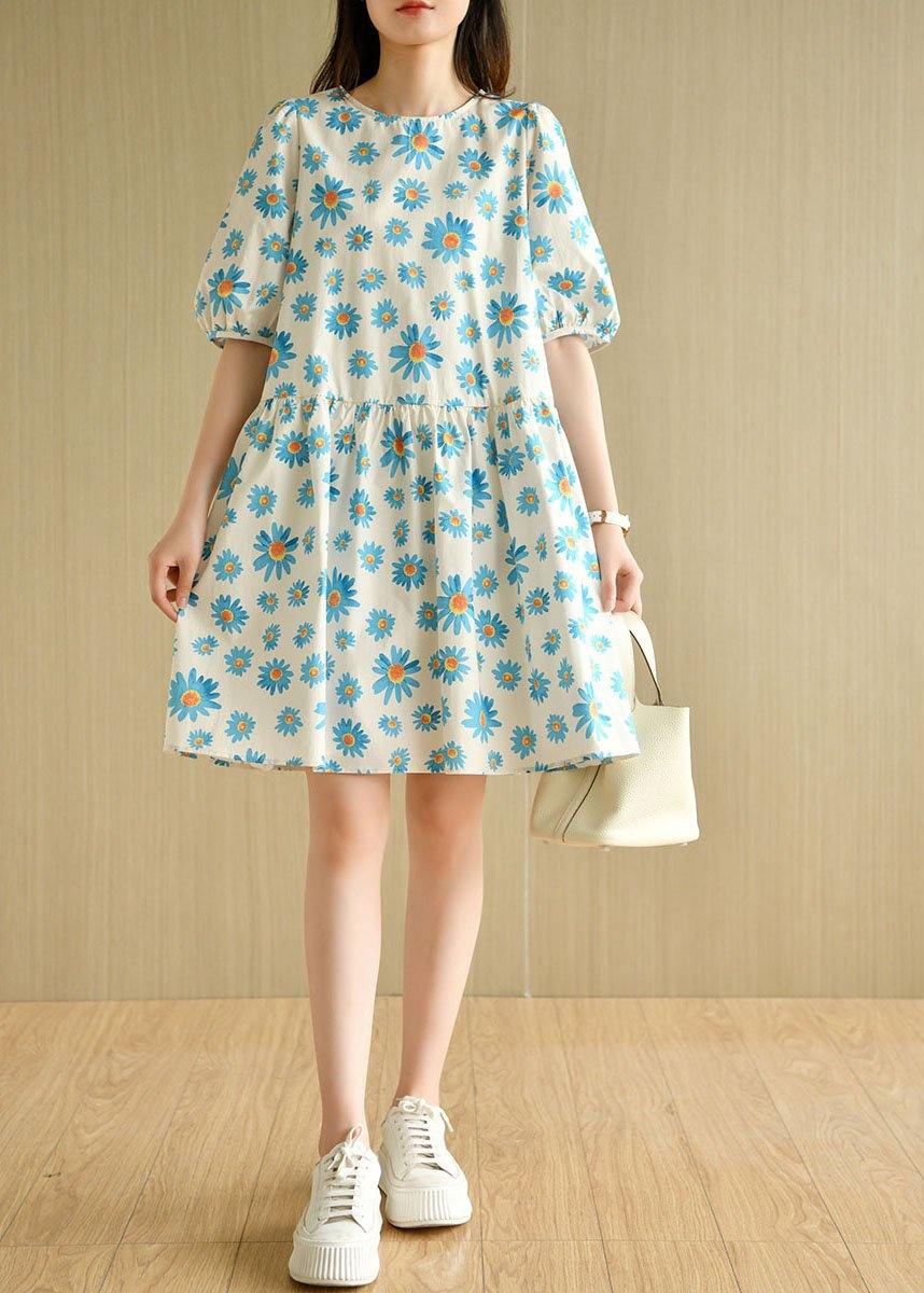 Blue O-neck Print Summer Cotton Half Sleeve Dresses