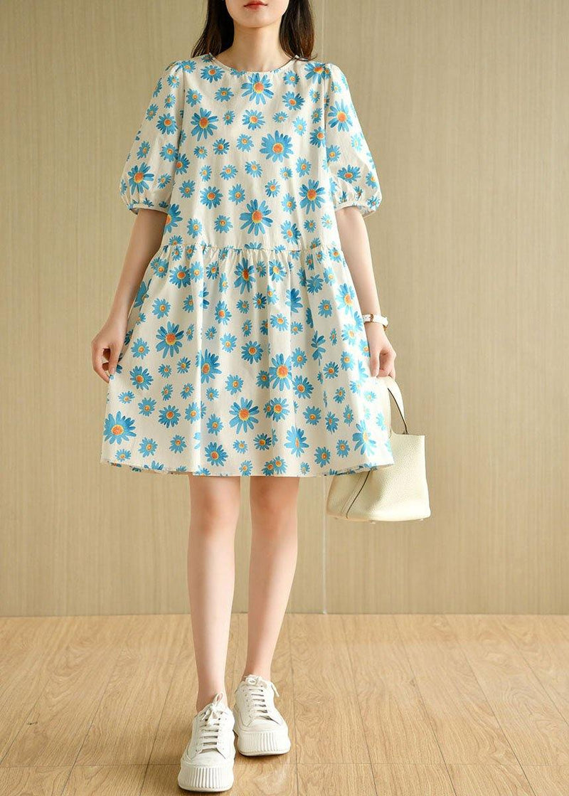 Blue O-neck Print Summer Cotton Half Sleeve Dresses