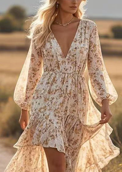 Apricot Asymmetrical Print Cotton Robe Dresses Spring