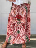 Women's Vintage Ethnic Floral Art Print Linen Pocket Skirt