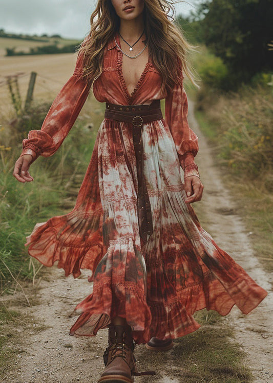 Tie Dye Wrinkled Patchwork Chiffon Dresses Spring