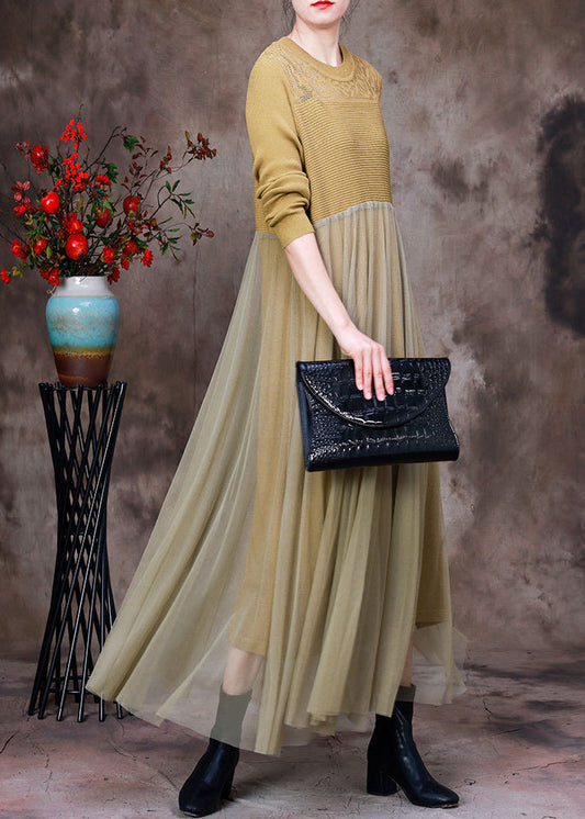 Stylish Yellow O-neck Tulle Patchwork Knit Dress Long Sleeve