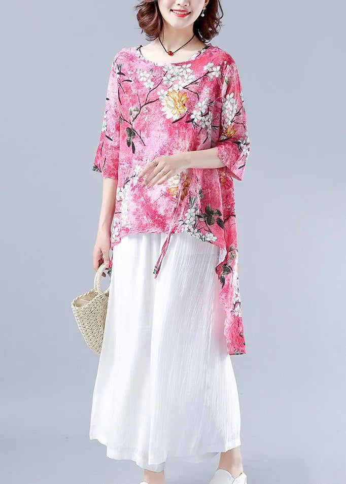 Classy Pink Plant Printing Clothes for O Neck Asymmetric Tops