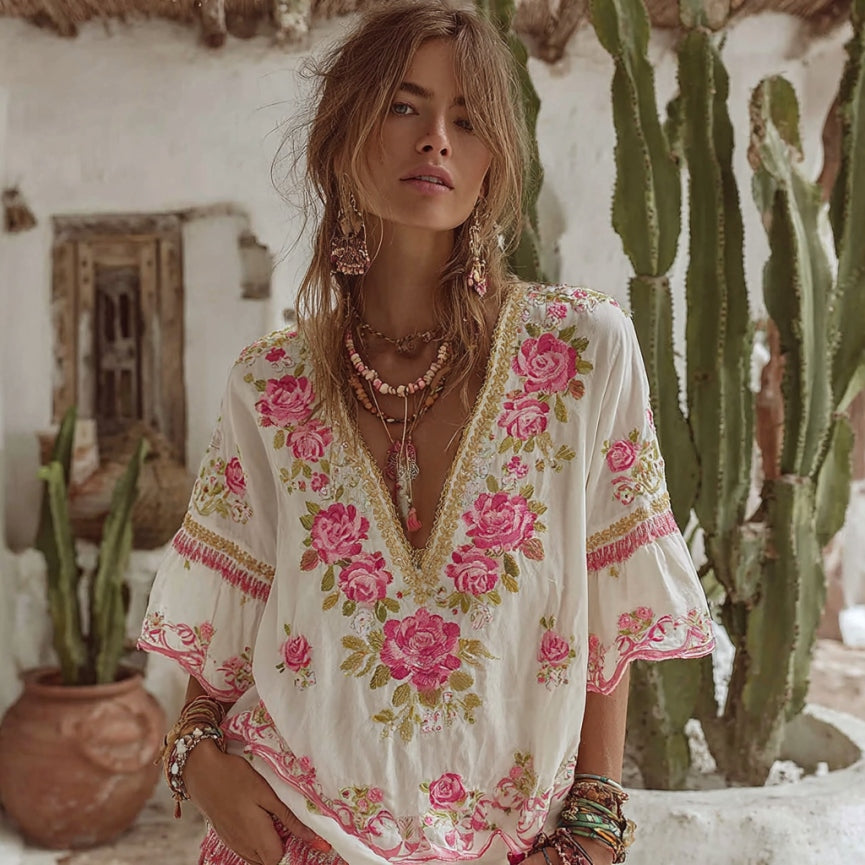 Women's Vintage Floral Embroidery Art V Neck Linen Comfy T-shirt elevenforest