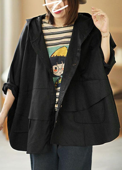 Art Black Loose Pockets Button Fall Hooded Coat Long Sleeve
