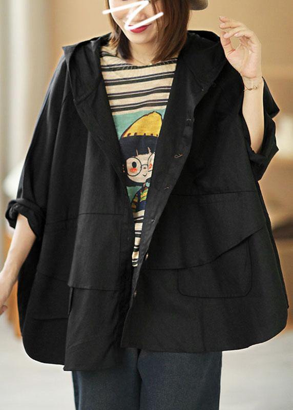 Art Black Loose Pockets Button Fall Hooded Coat Long Sleeve
